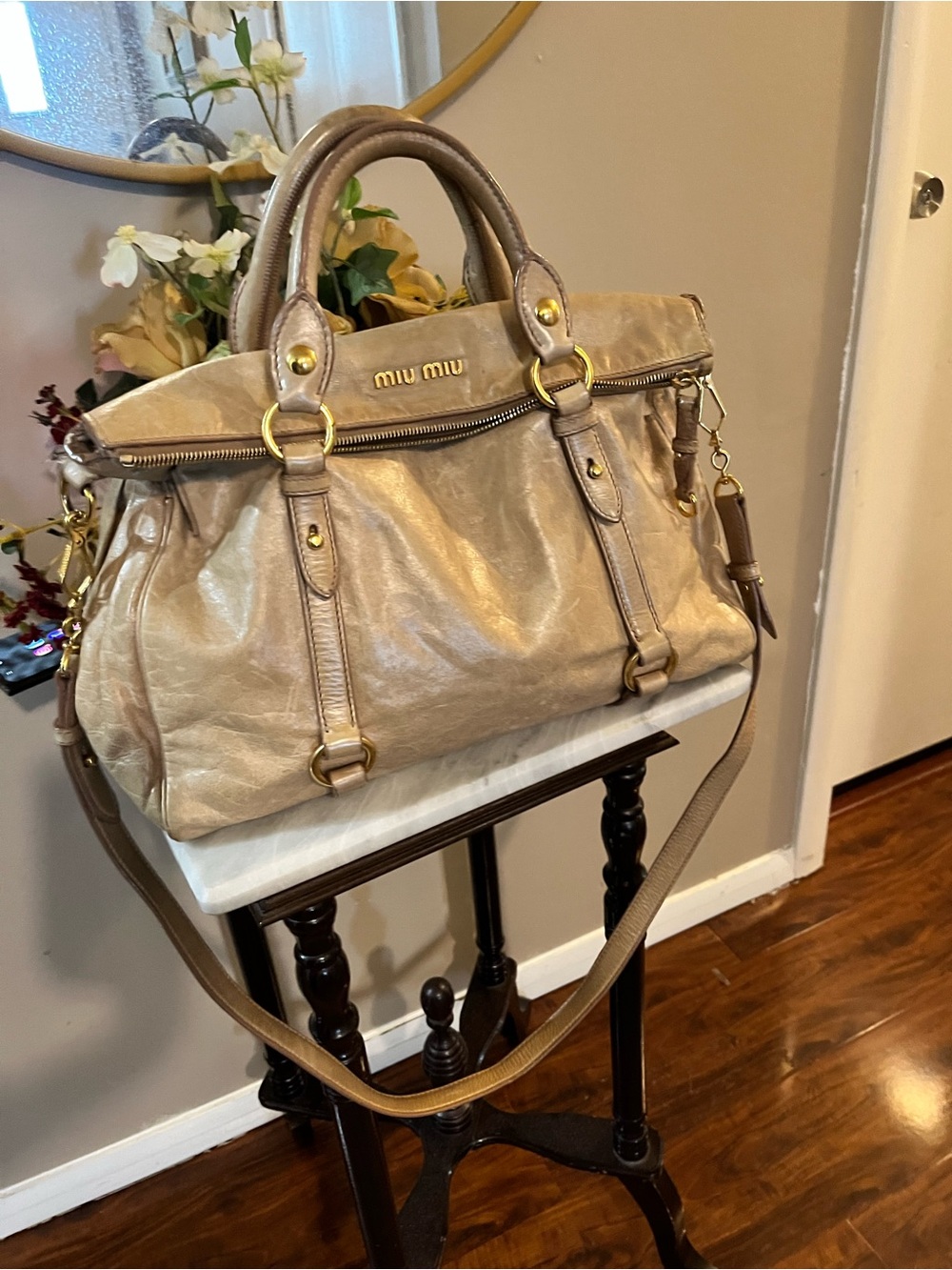 Miu Miu Metallic Beige Leather Satchel with Gold Hardware